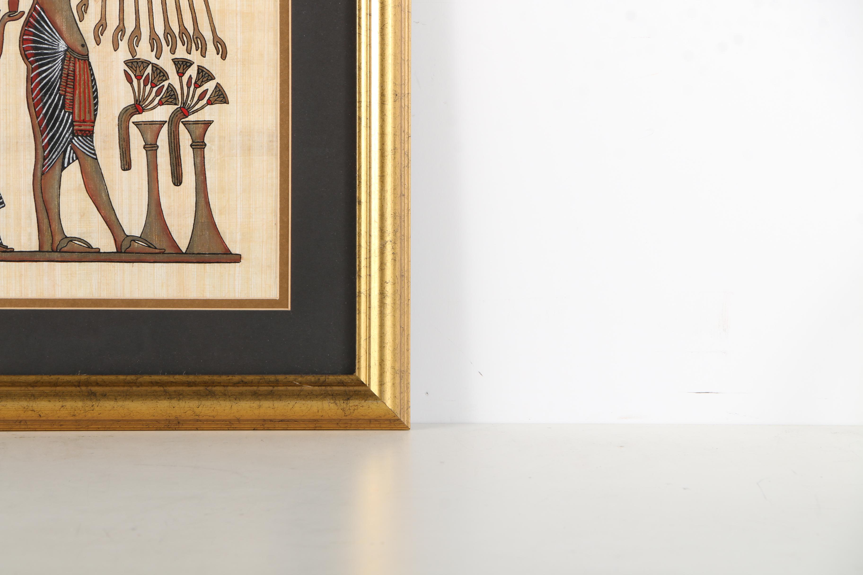 Khed Egyptian Style Gouache and Gold Leaf Painting on Papyrus of Aten