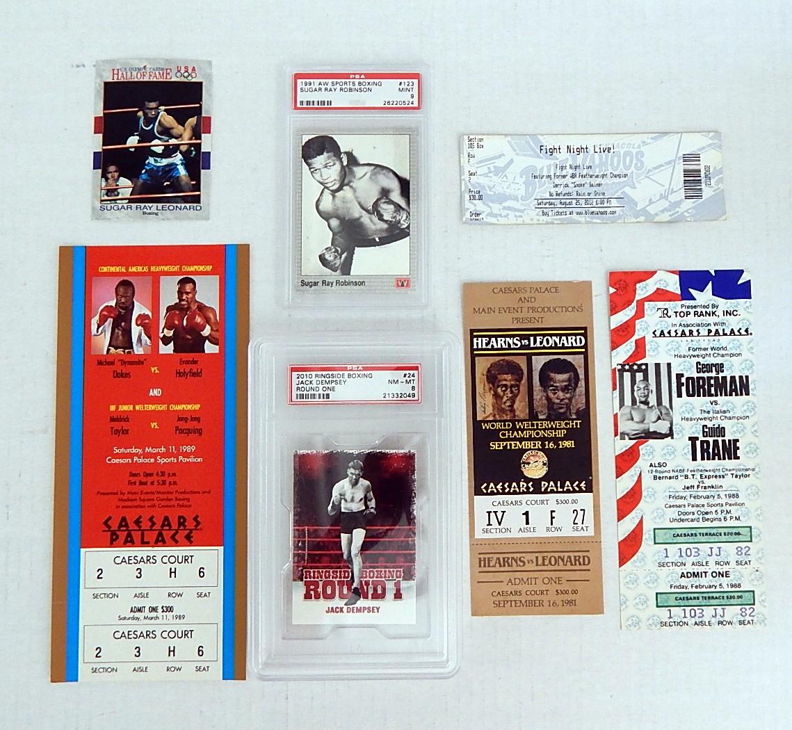 Unused Boxing Fight Tickets and Sports Cards with Dempsey, Foreman, Leonard