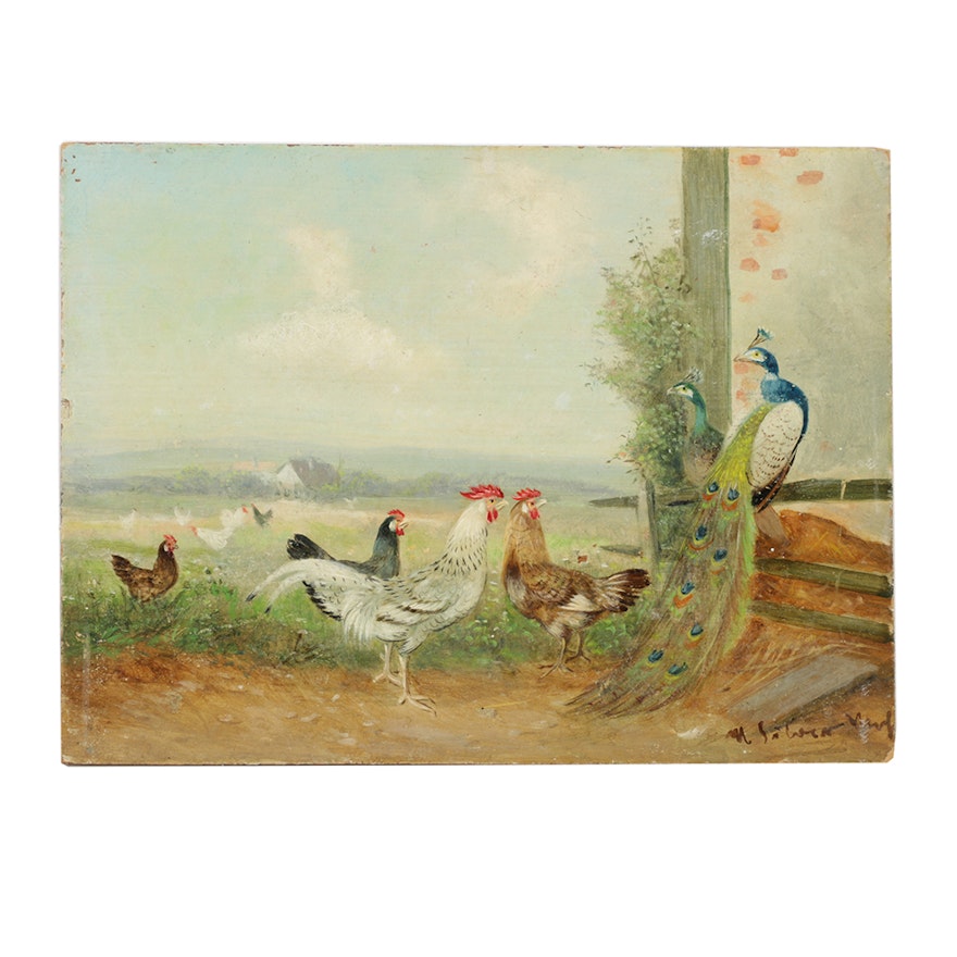Miniature Oil Painting on Board of Chickens and Peacocks