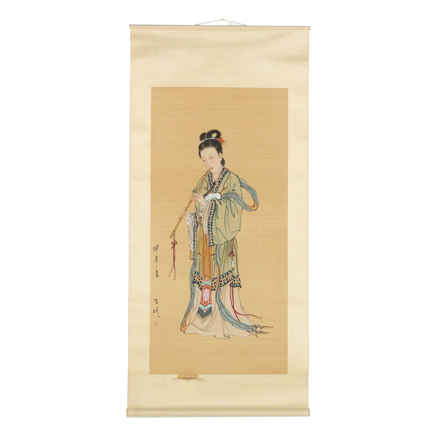 Chinese Gouache and Ink Painting on Silk Scroll of a Flutist