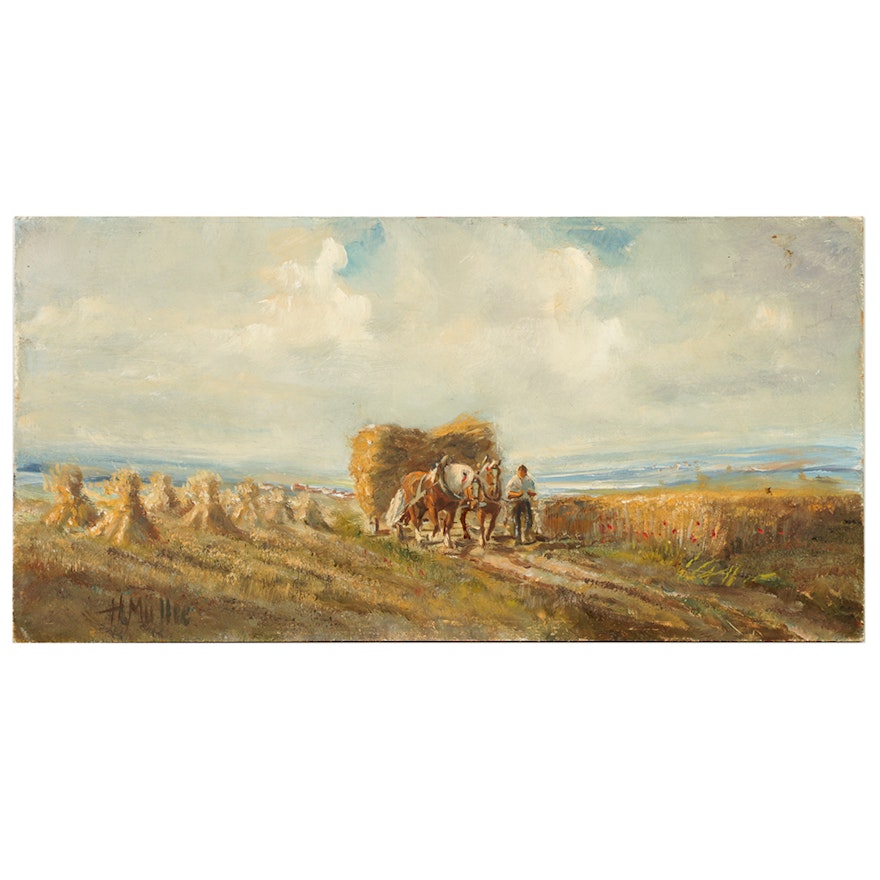 Small Scale Oil Painting on Board Farm Scene