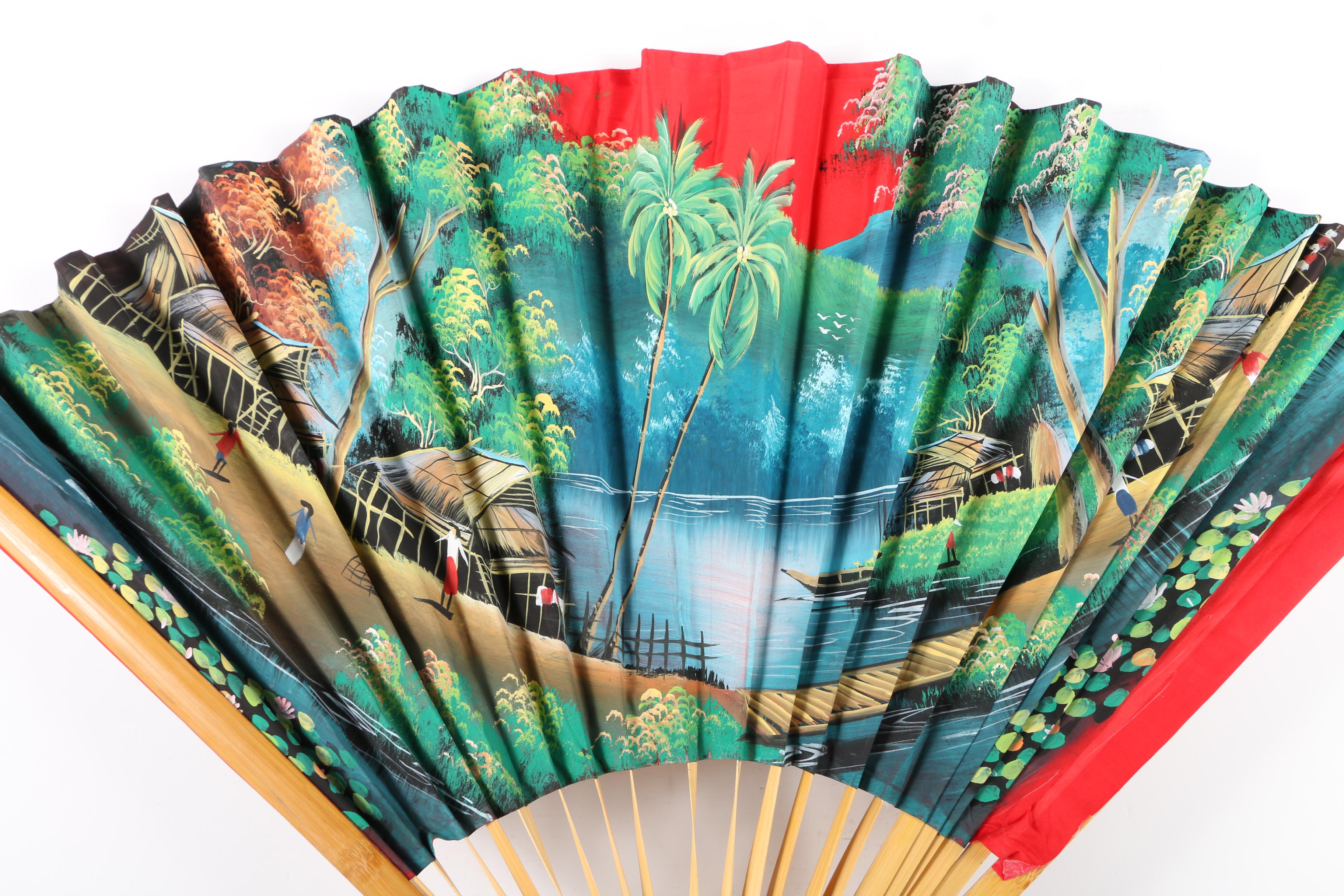 Large Thai Hand Painted Folding Fan