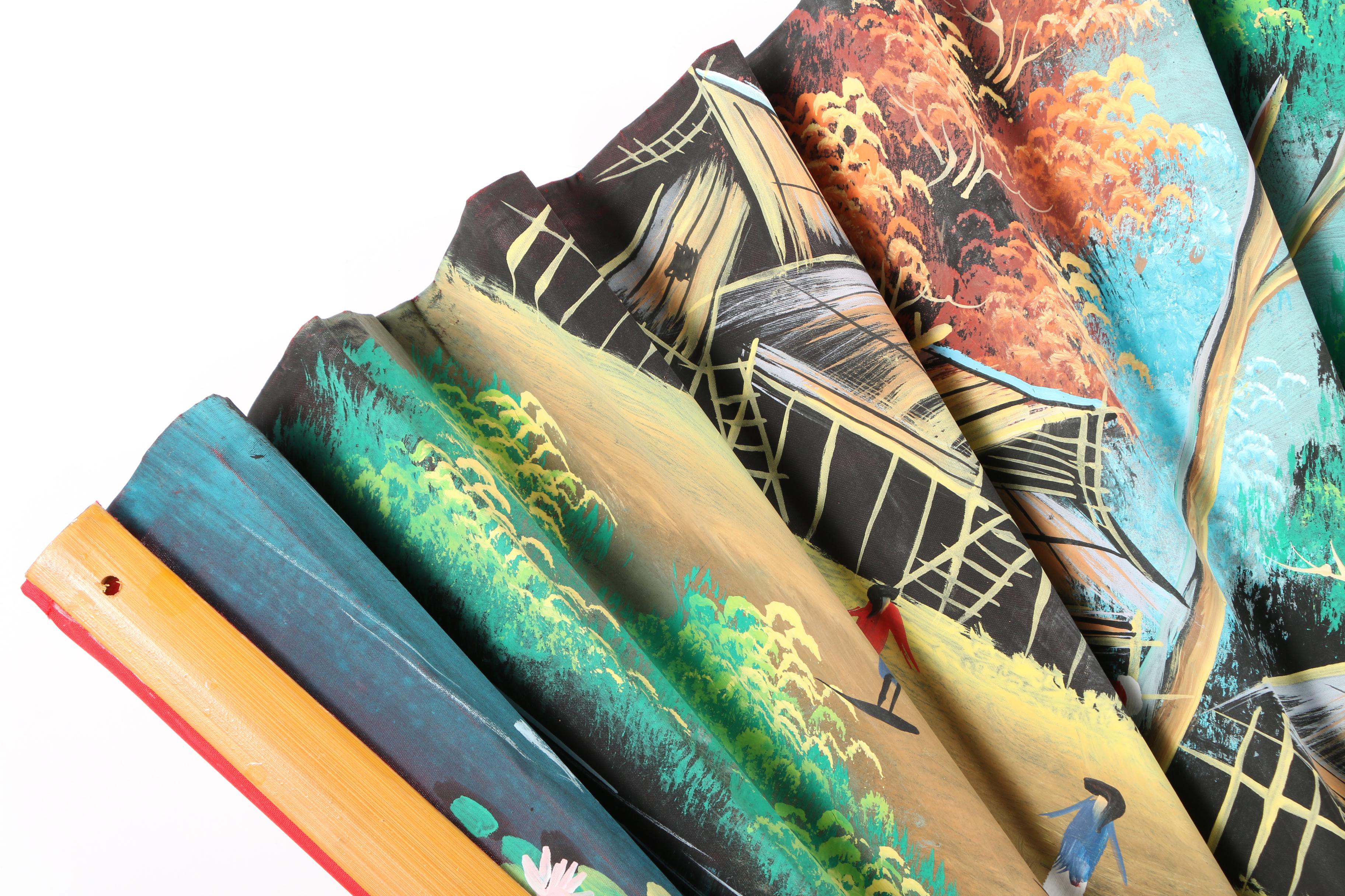 Large Thai Hand Painted Folding Fan