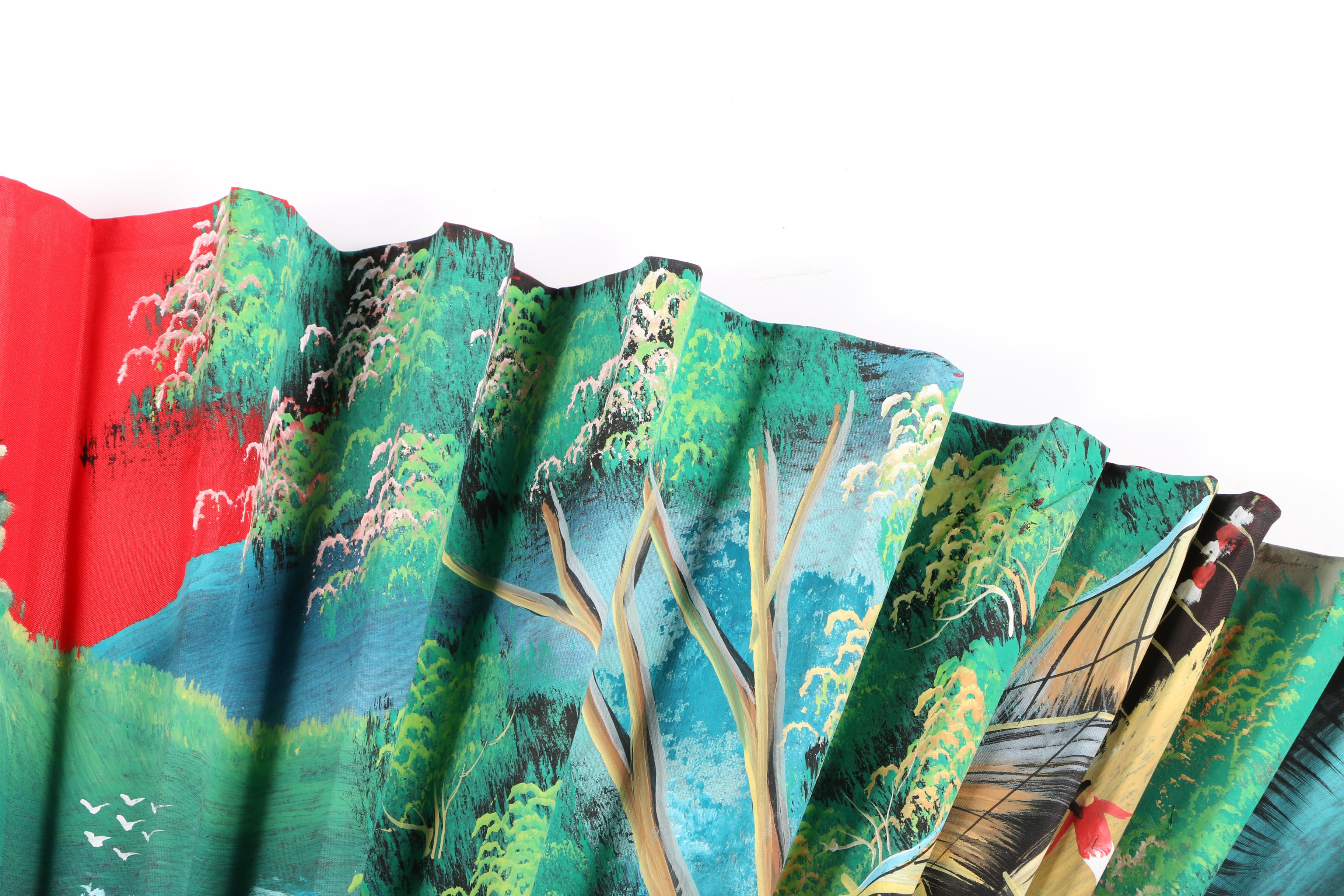 Large Thai Hand Painted Folding Fan