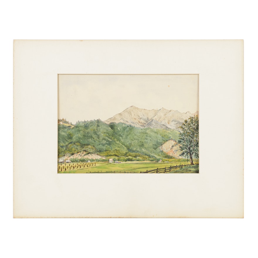 Early 20th Century Watercolor Painting on Paper Mountainous Landscape