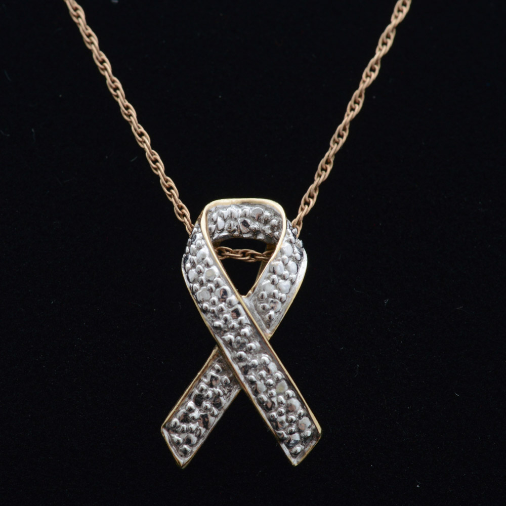 10K Yellow and White Gold Ribbon Pendant and Chain