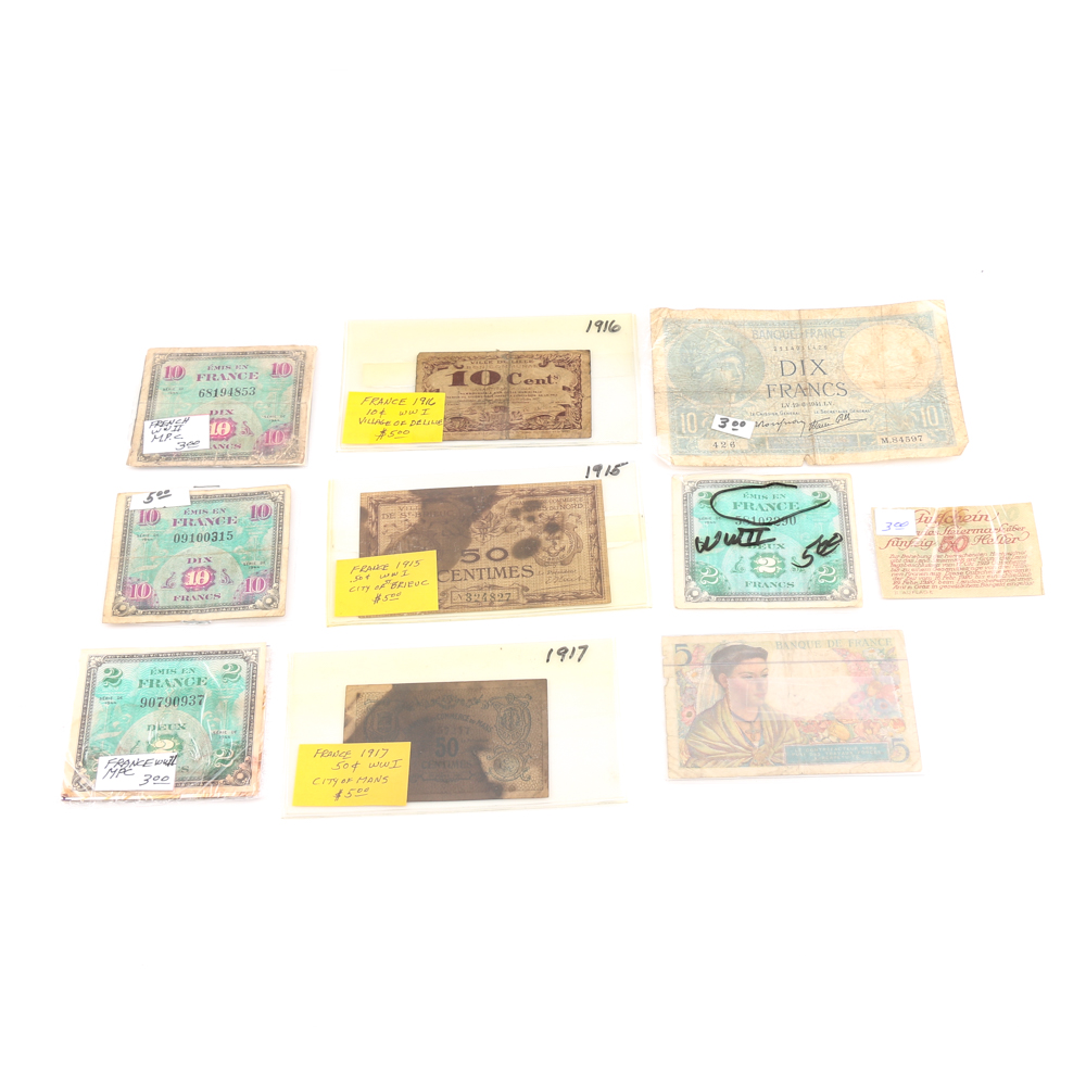 Ten Vintage and Antique French Banknotes