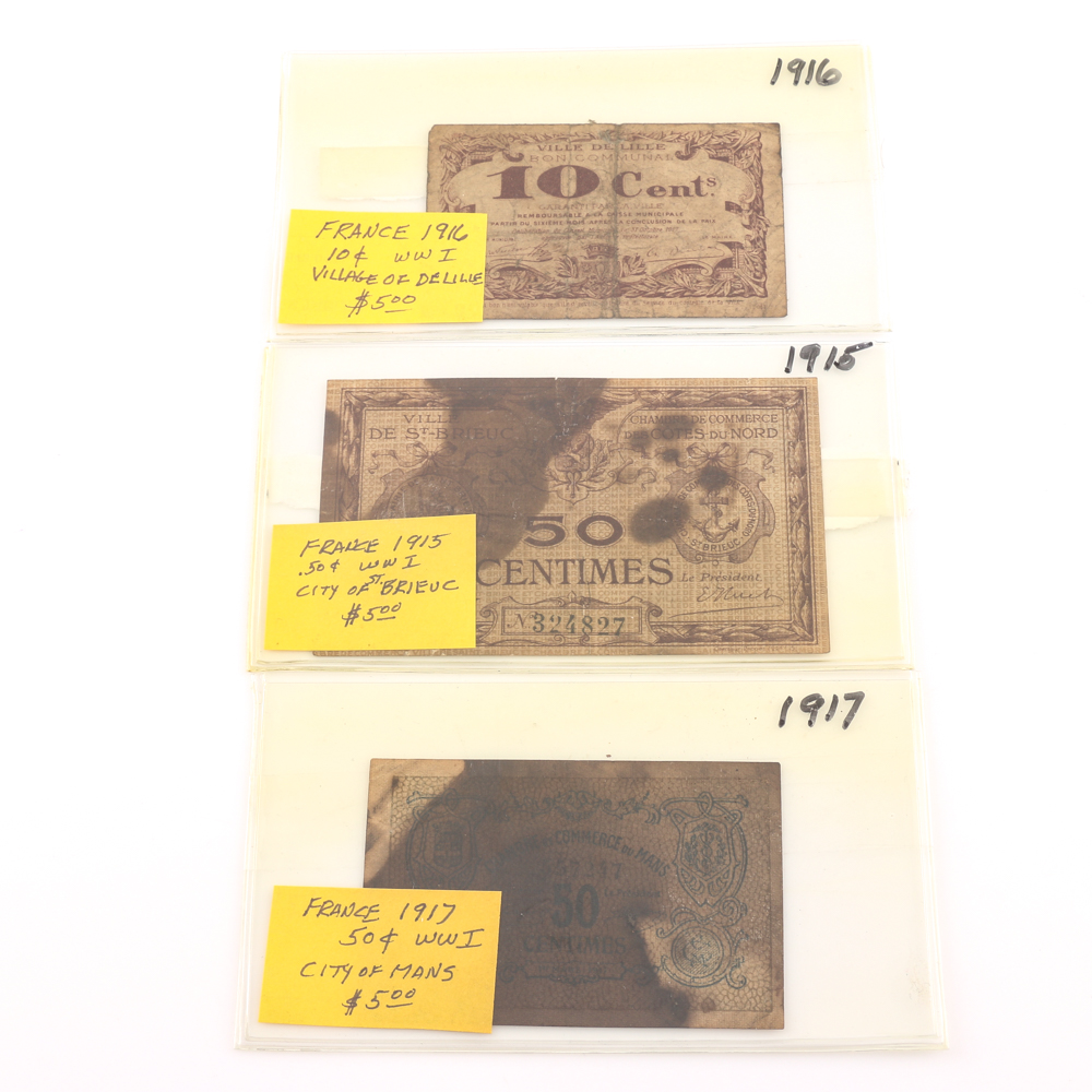 Ten Vintage and Antique French Banknotes