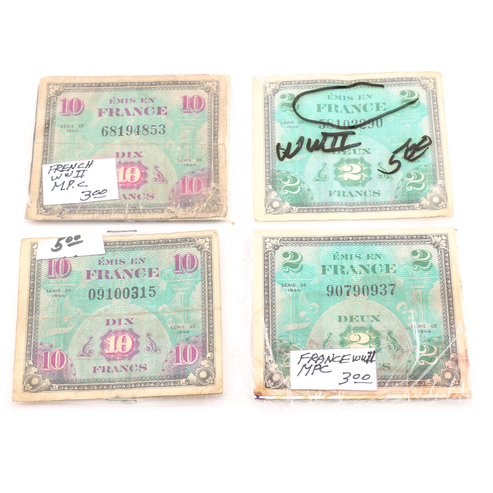 Ten Vintage and Antique French Banknotes