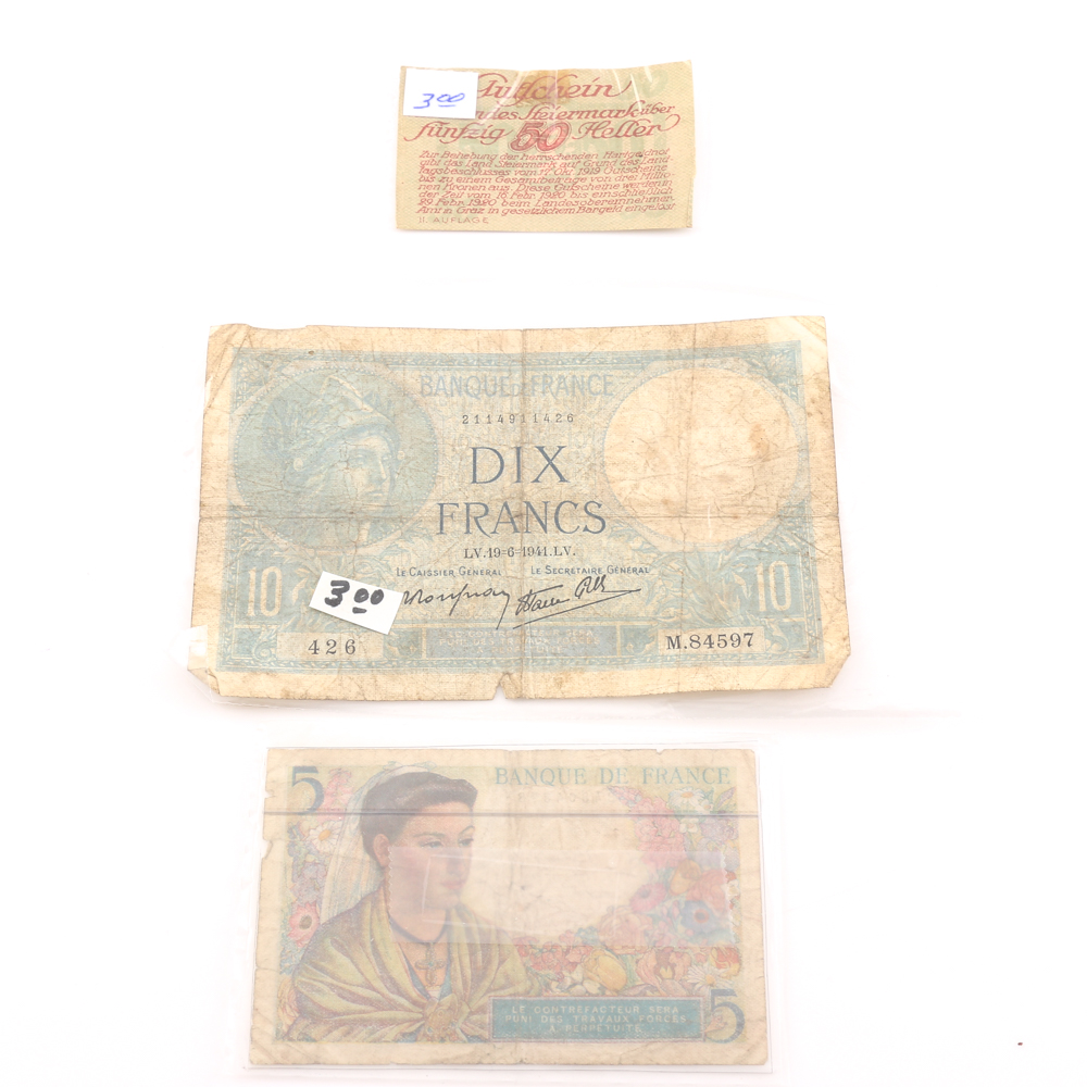 Ten Vintage and Antique French Banknotes