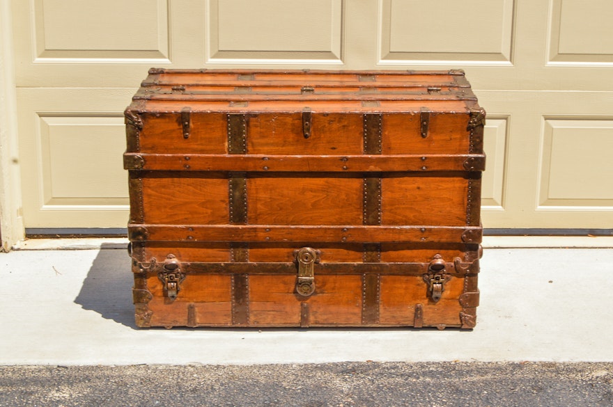 Antique Straight Back Dresser Style Steamer Trunk, Circa Late 19th C