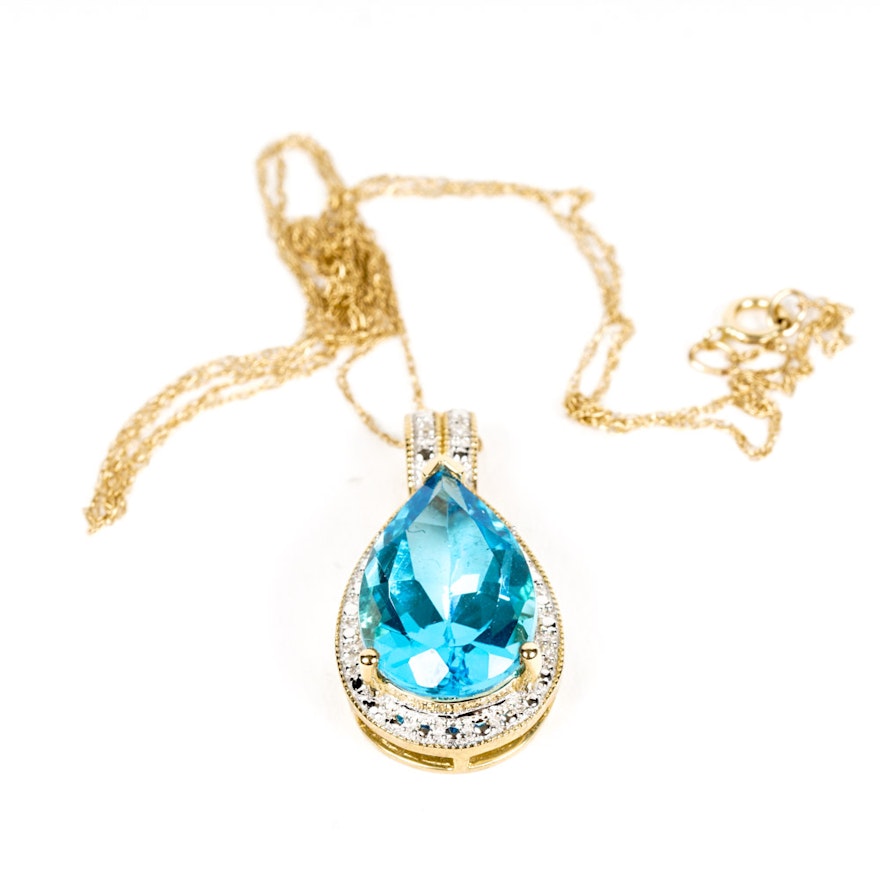 10K Yellow Gold Necklace with Blue Topaz and Diamonds