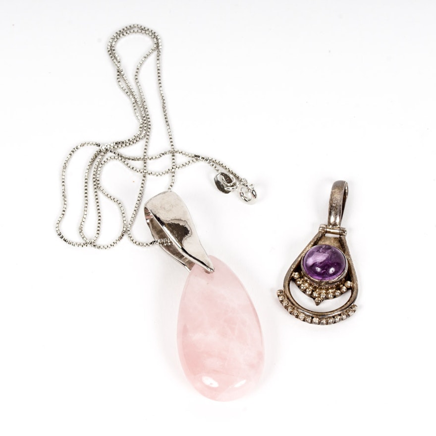 Sterling Silver with Rose Quartz and Amethyst Pendants