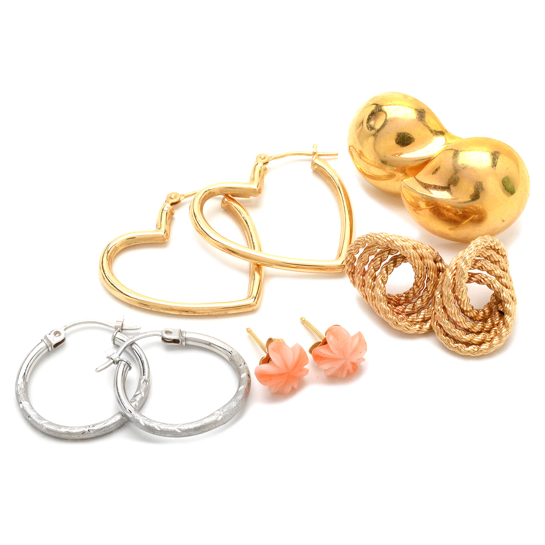 Five Pair of 14K Yellow and White Gold Pierced Earrings