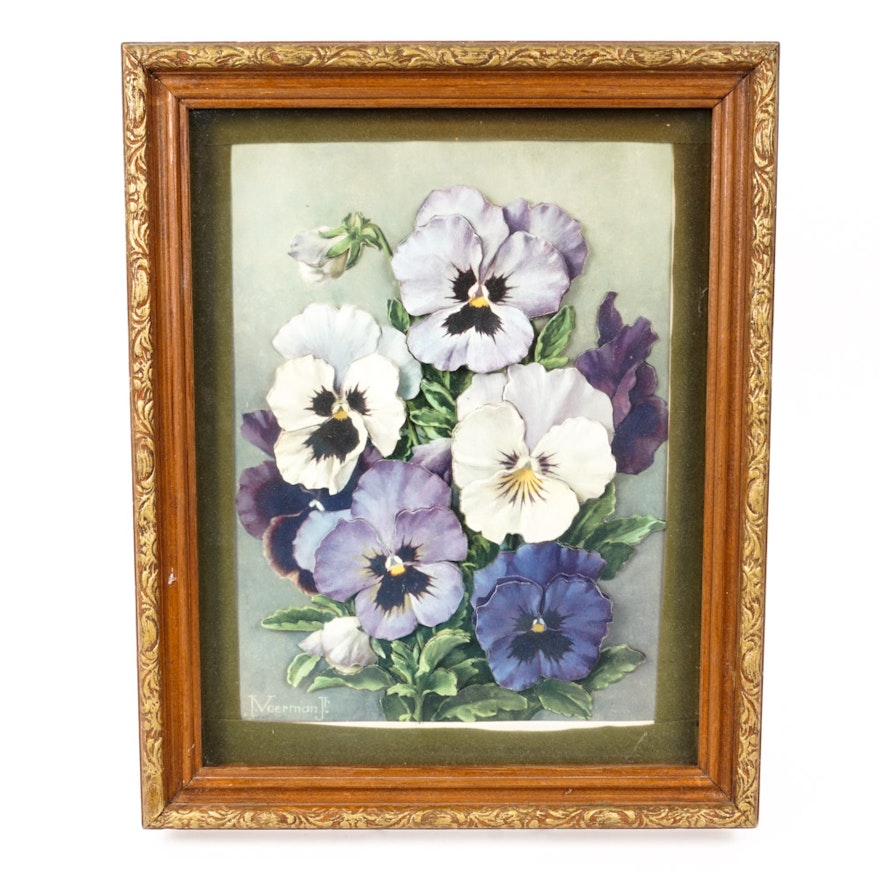 Jan Voerman Jr. Paper Tole Lithograph of Pansies in Relief