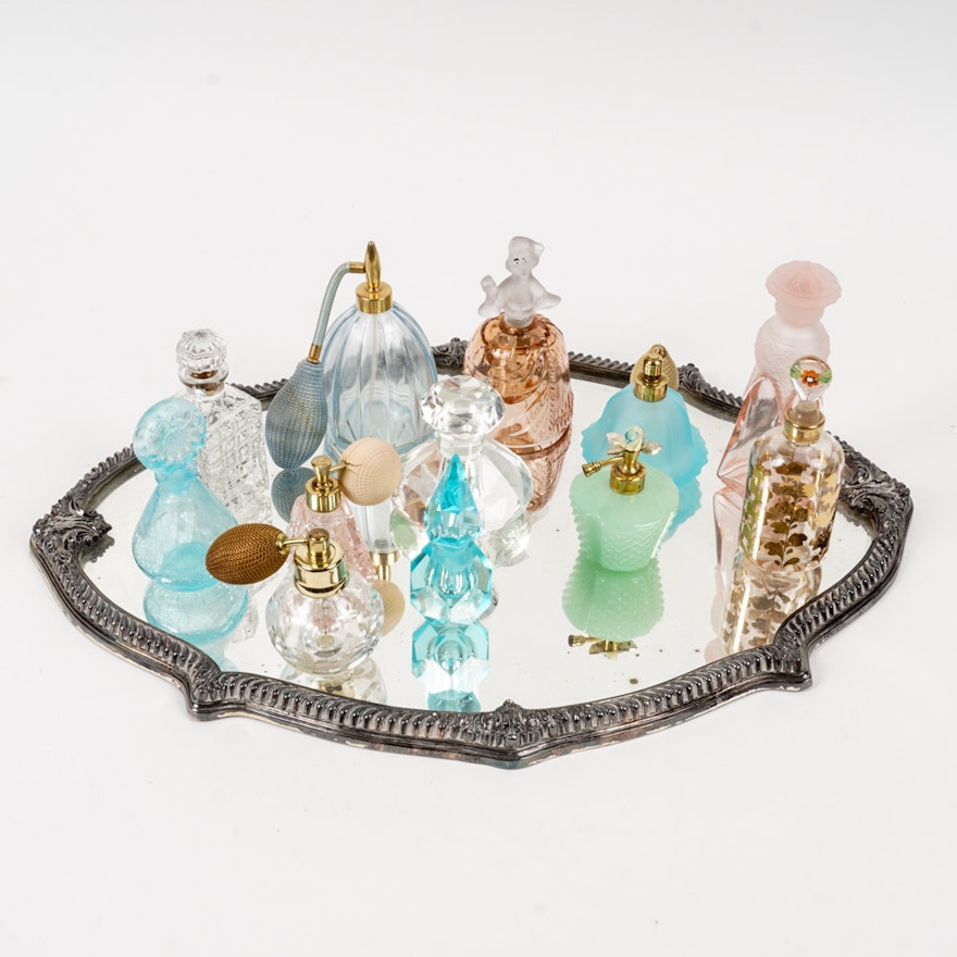 Mirror Vanity Tray with Glass Perfume Bottles