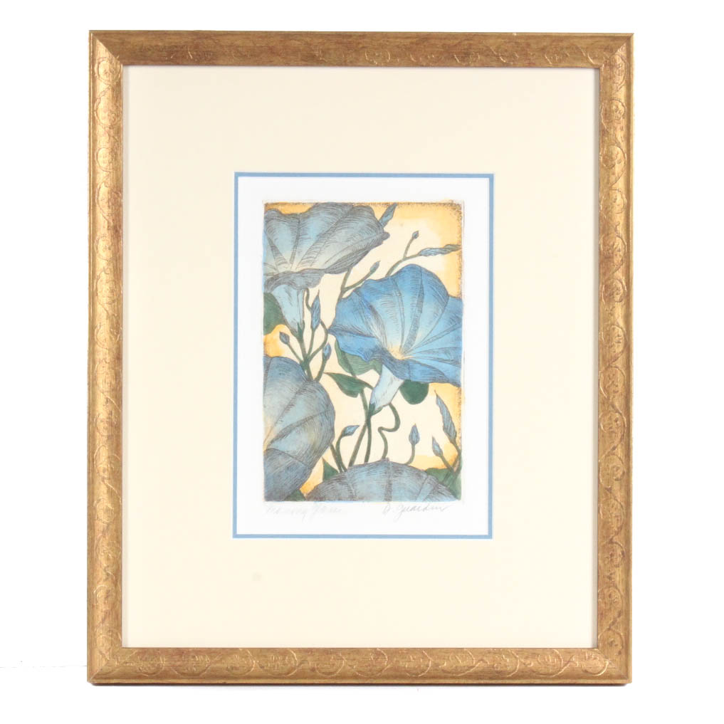 Hand Tinted Etching of "Morning Glories"