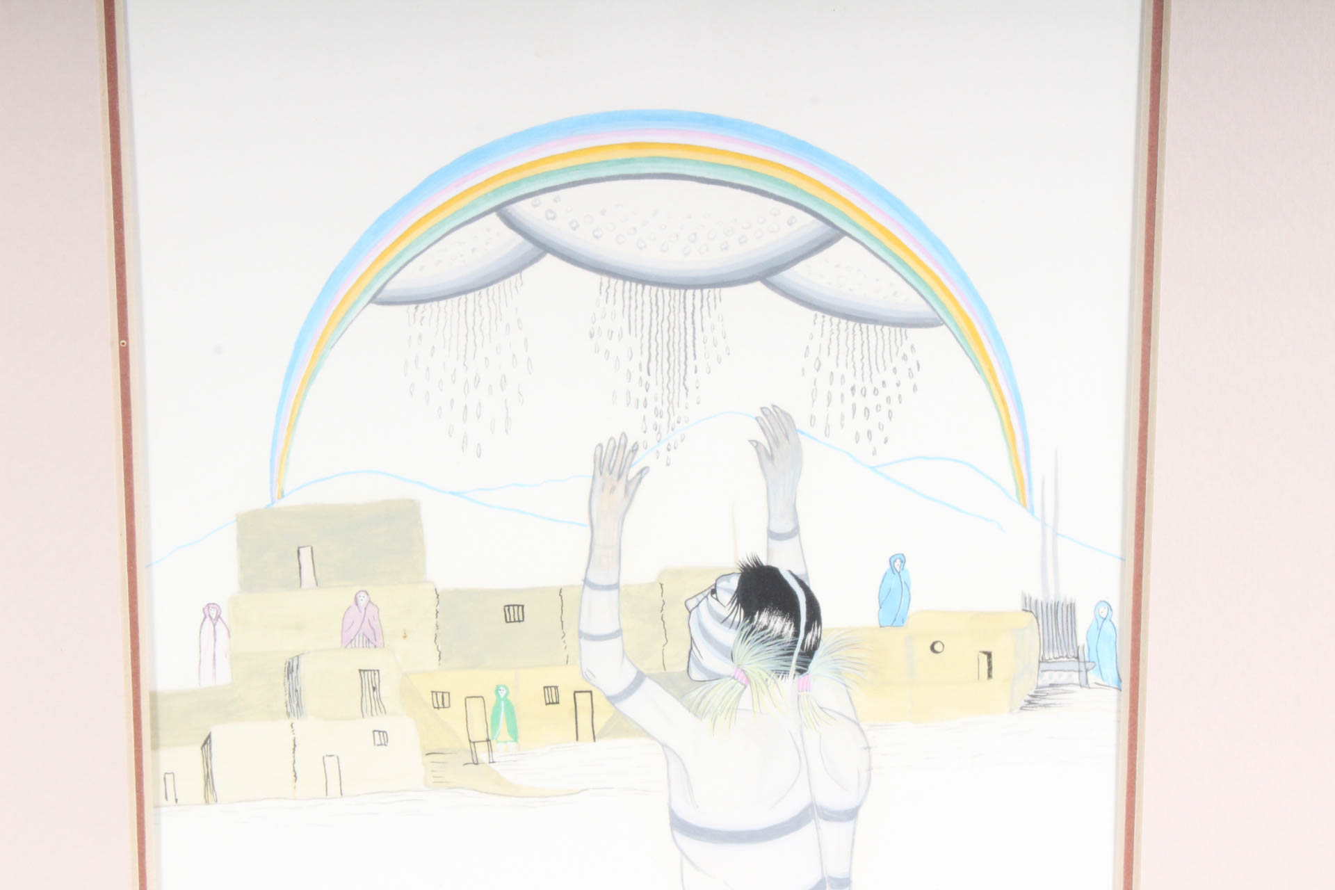 Juanito Concha Watercolor Taos Pueblo Genre Painting