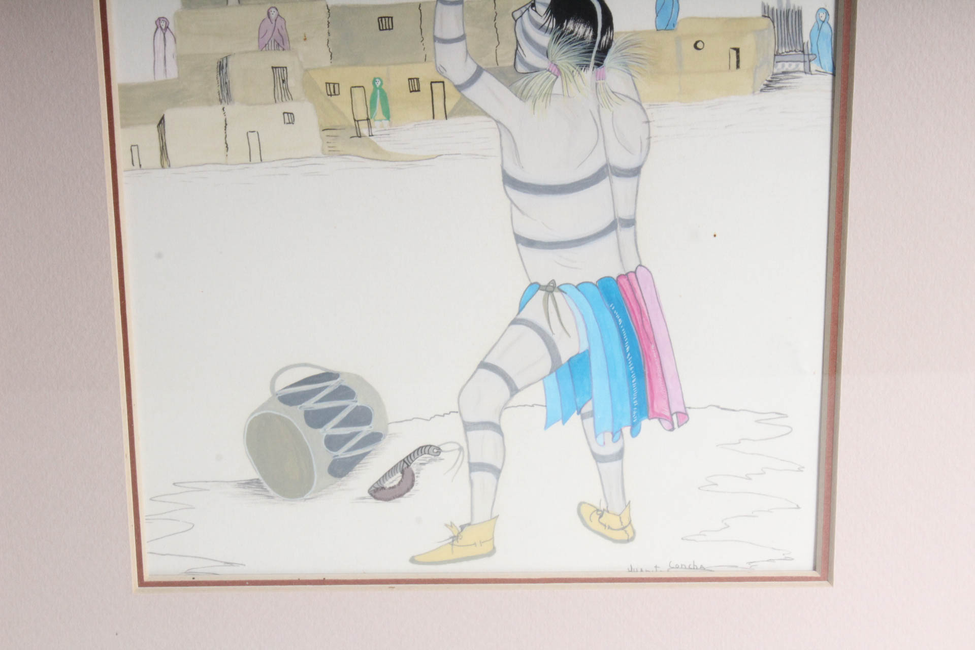 Juanito Concha Watercolor Taos Pueblo Genre Painting