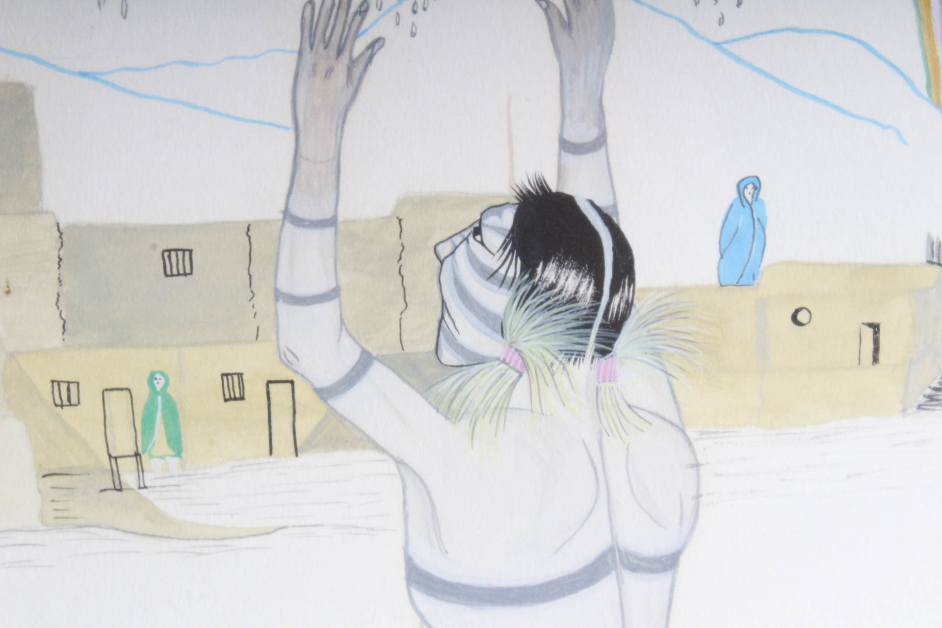 Juanito Concha Watercolor Taos Pueblo Genre Painting