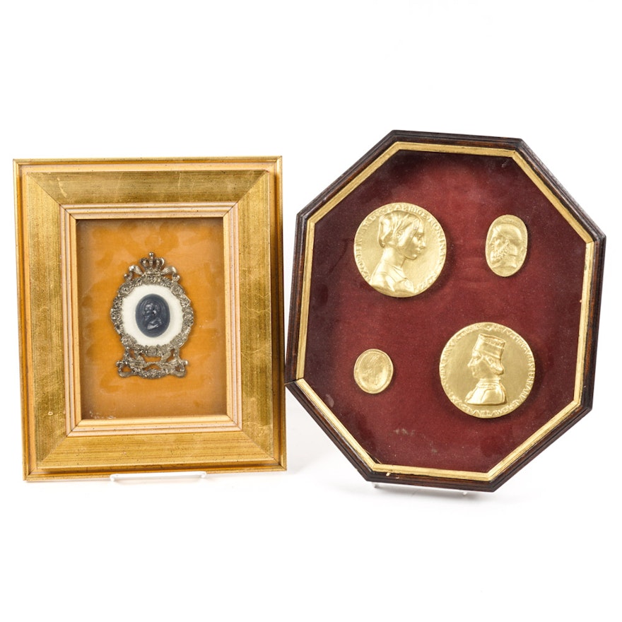 Shadow Boxes with Gold Tone Medallions and a Male Cameo