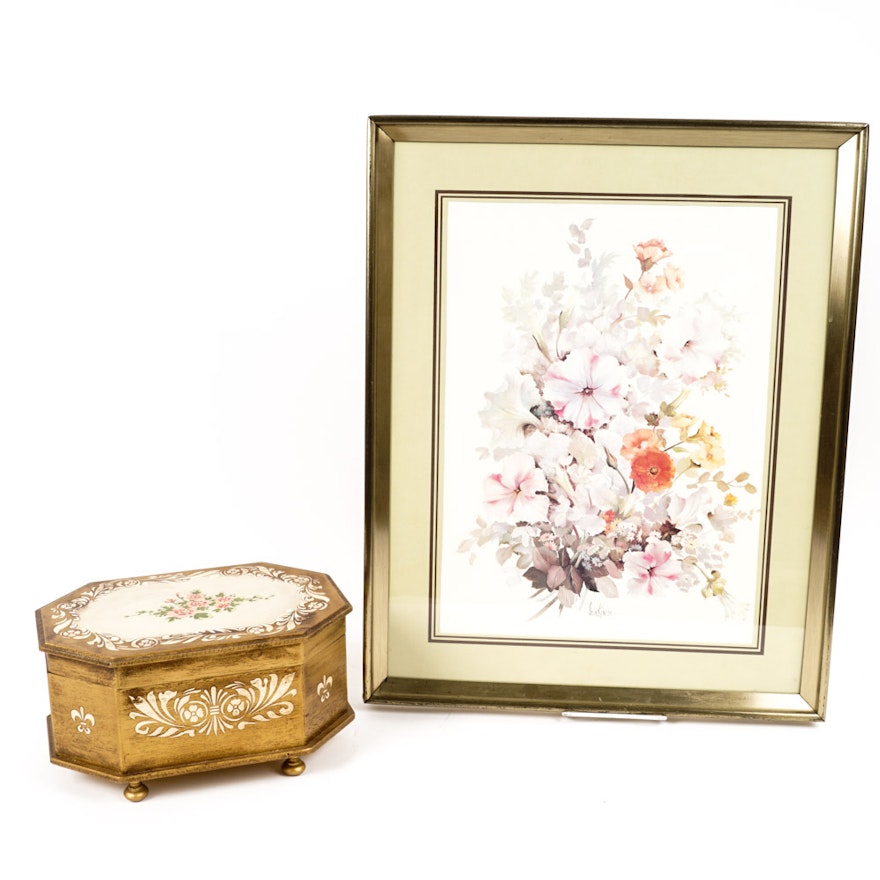 Hand Painted Music Box with Matching Print of Flowers