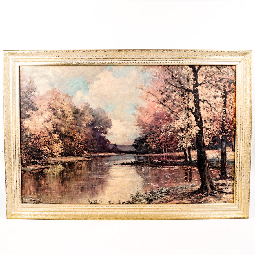 Offset Lithograph of a River and Tree Lined Bank