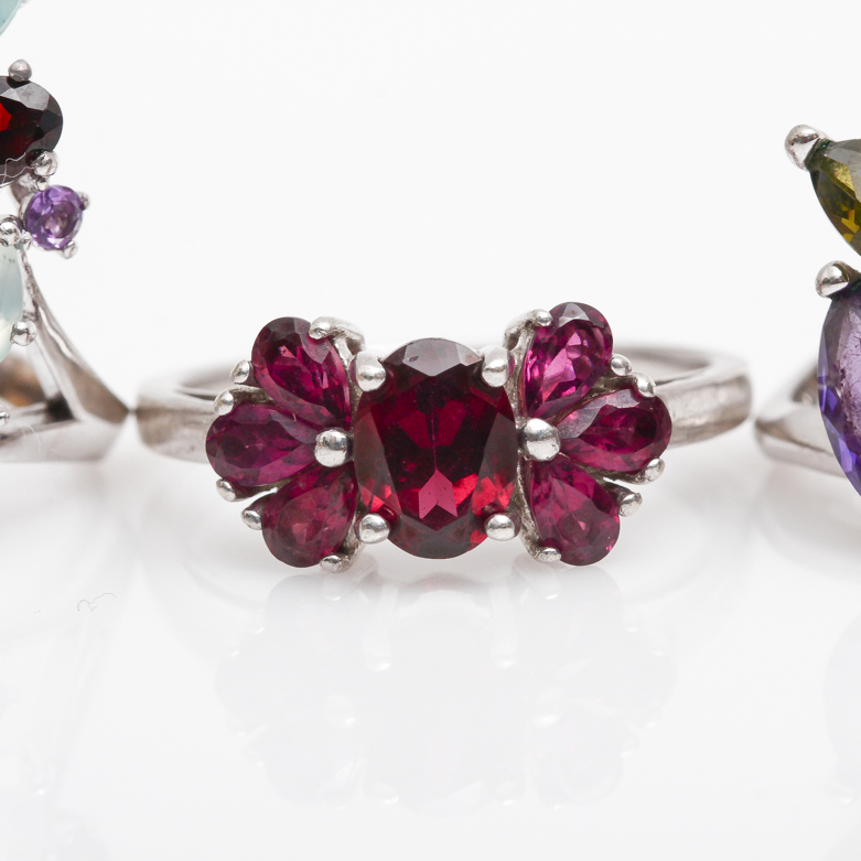 Sterling Silver, Amethyst, Blue Carnelian, and Garnet Rings