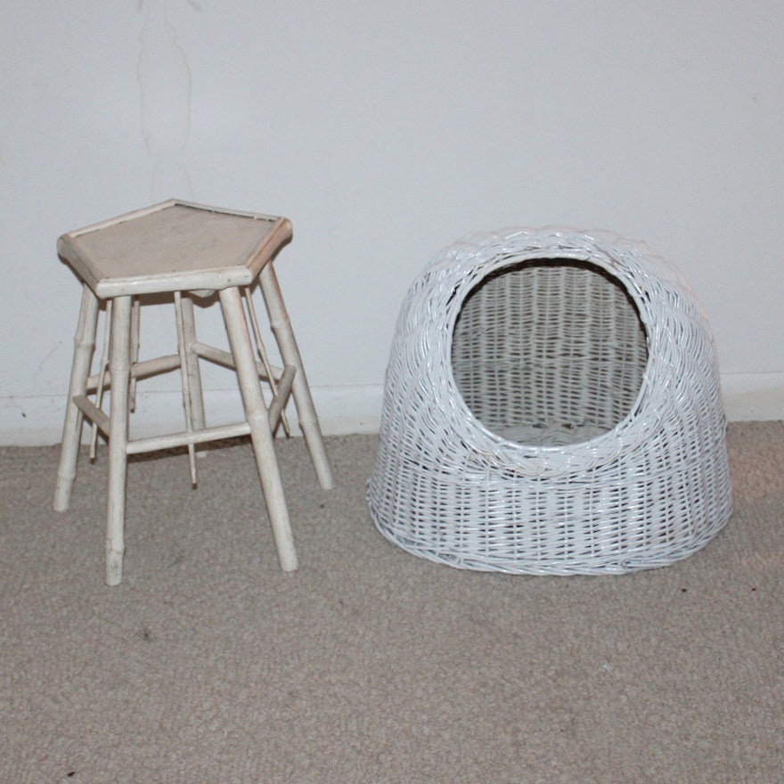 Wicker Pet Bed and Small Plant Stand