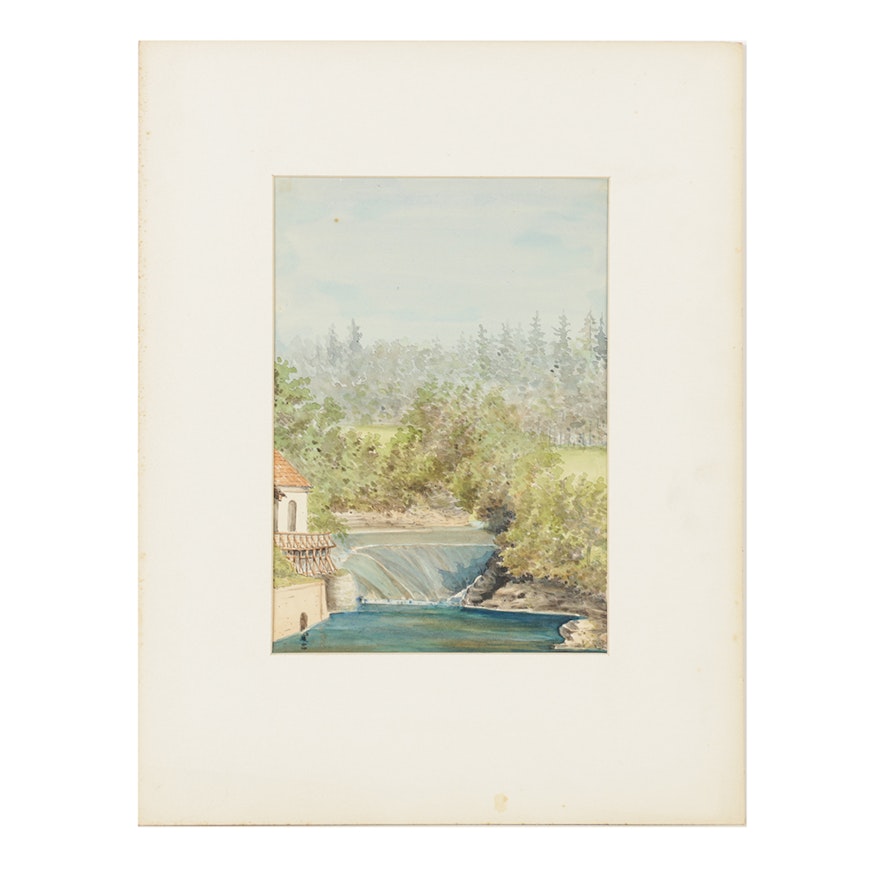 Early 20th-Century Watercolor Painting on Paper of Waterscape