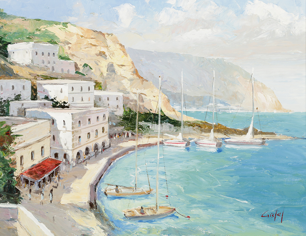 Martha Cristel Oil Painting on Canvas "Boats in Harbor"