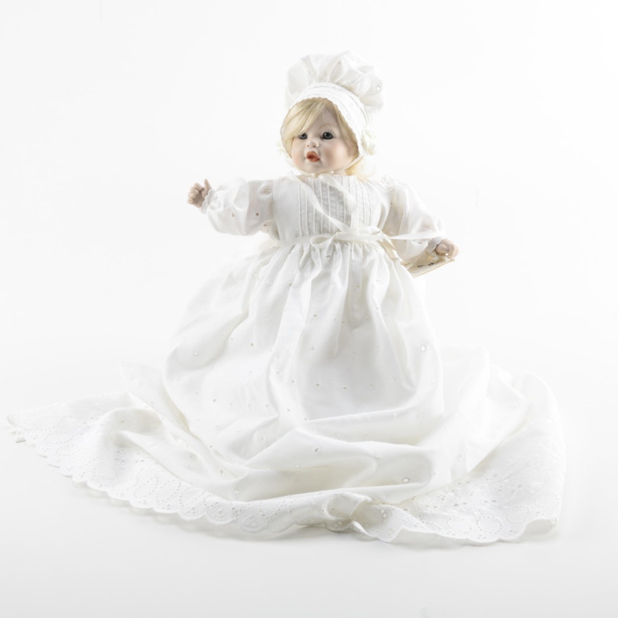 Porcelain Reproduction Doll in White Dress
