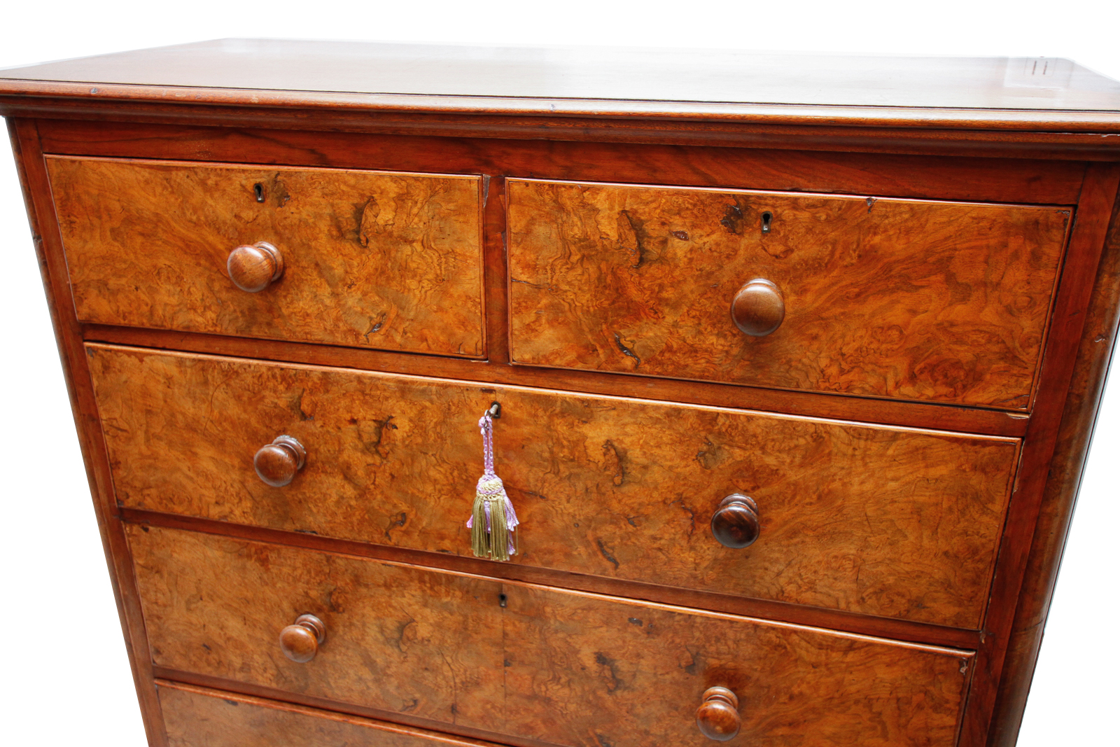 Antique English Burlwood and Mahogany Chest of Drawers, c. 1880