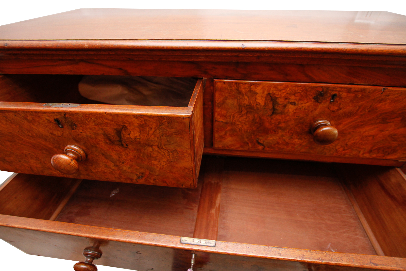 Antique English Burlwood and Mahogany Chest of Drawers, c. 1880