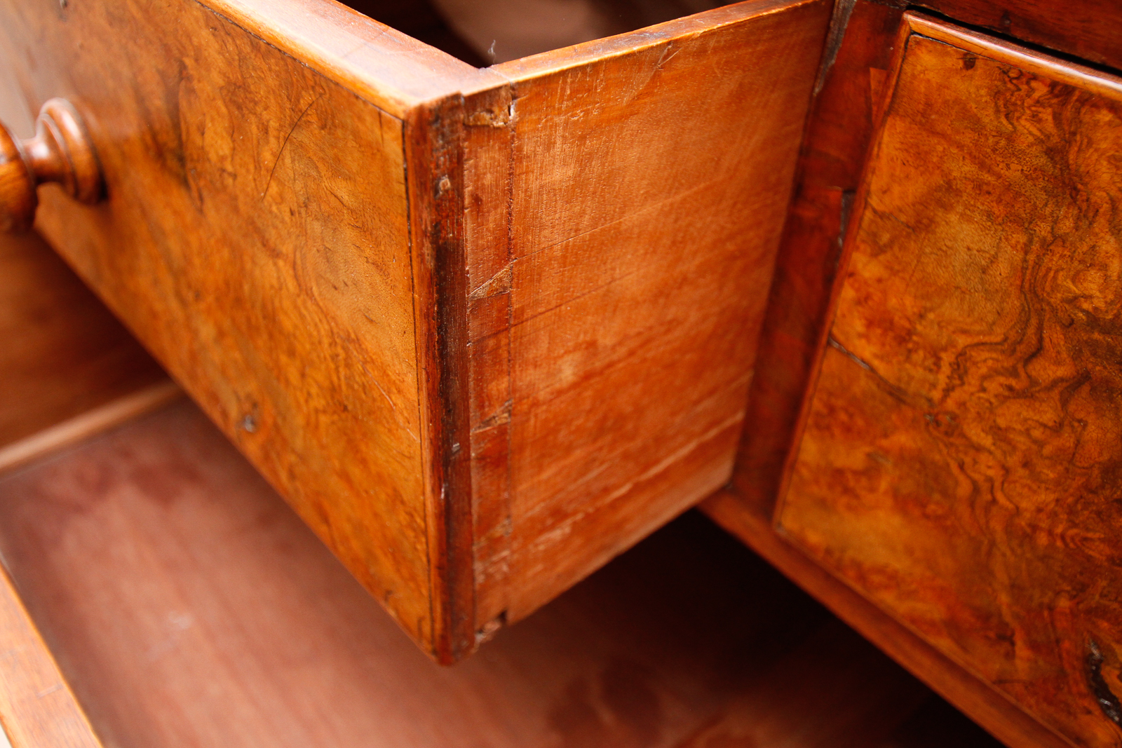 Antique English Burlwood and Mahogany Chest of Drawers, c. 1880