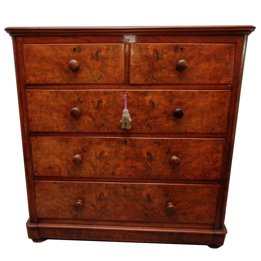 Antique English Burlwood and Mahogany Chest of Drawers, c. 1880