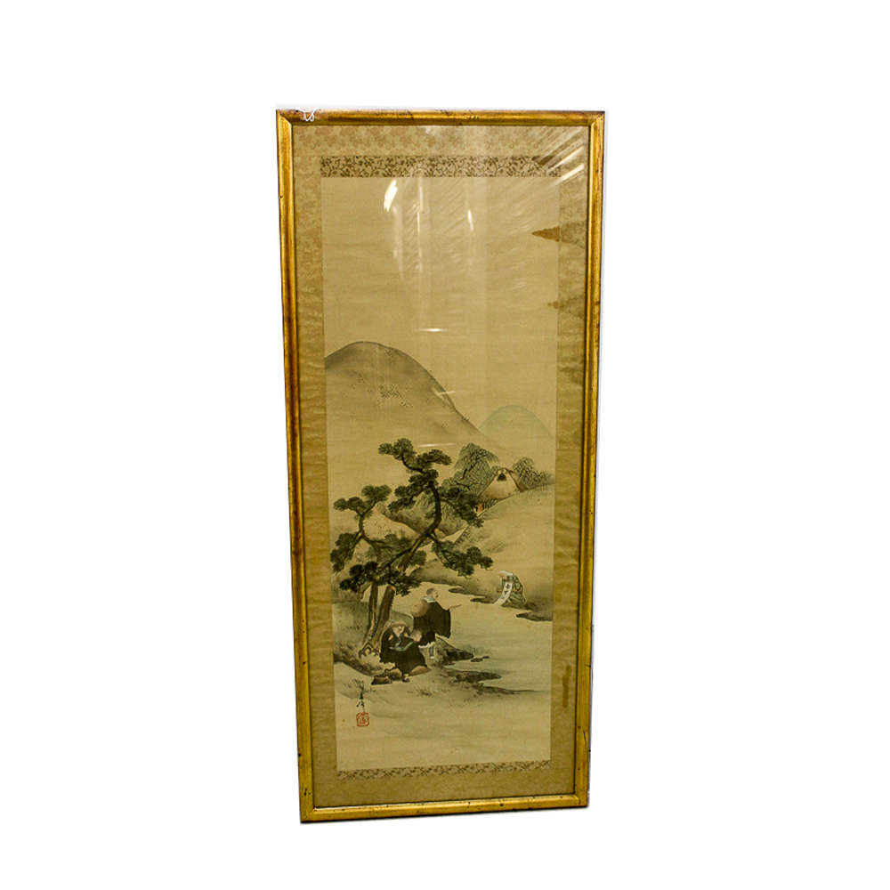 East Asian Painted Hanging Scroll With Figures Gathered by a River