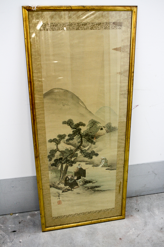 East Asian Painted Hanging Scroll With Figures Gathered by a River