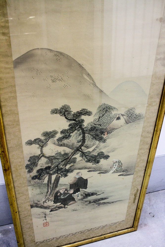 East Asian Painted Hanging Scroll With Figures Gathered by a River