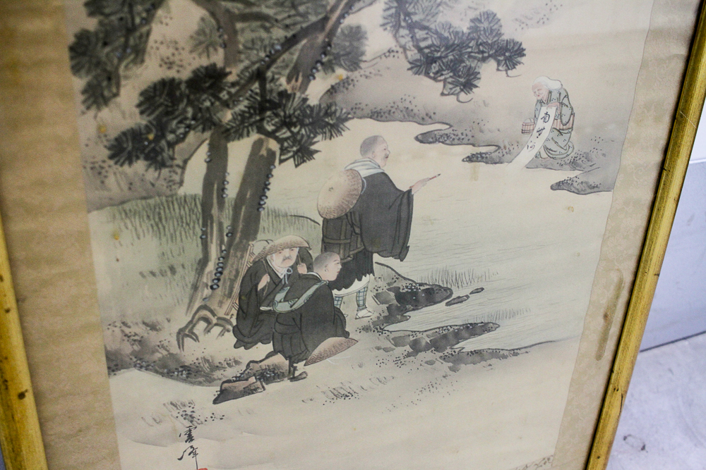 East Asian Painted Hanging Scroll With Figures Gathered by a River