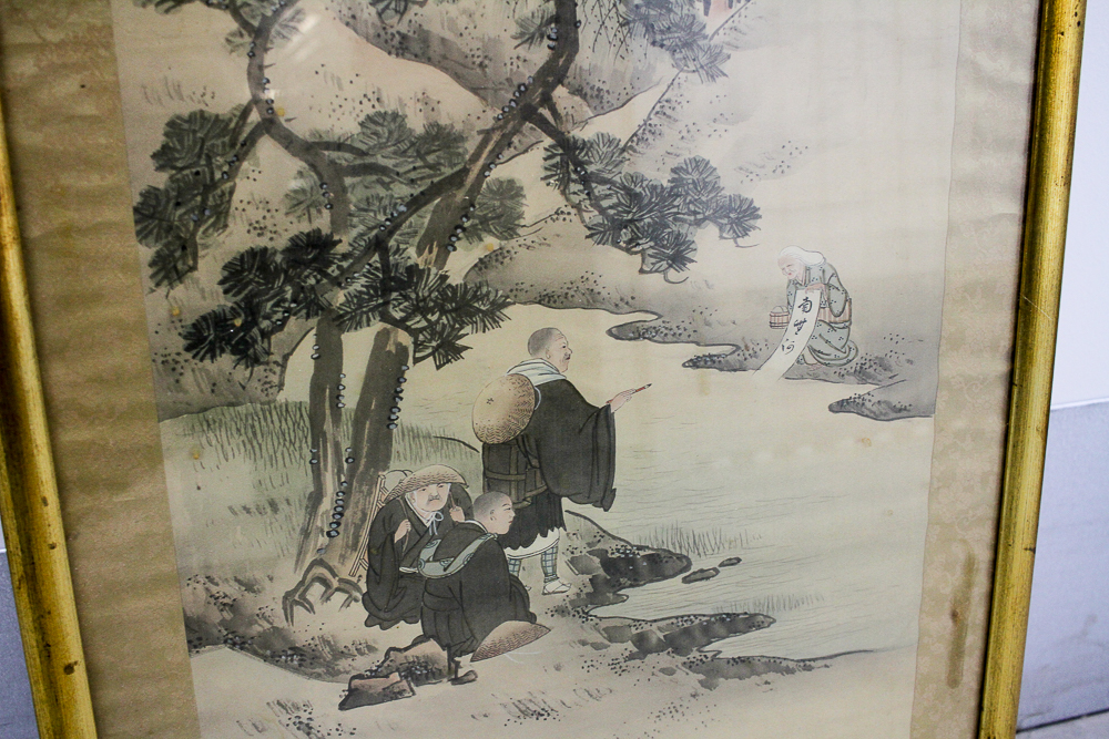East Asian Painted Hanging Scroll With Figures Gathered by a River