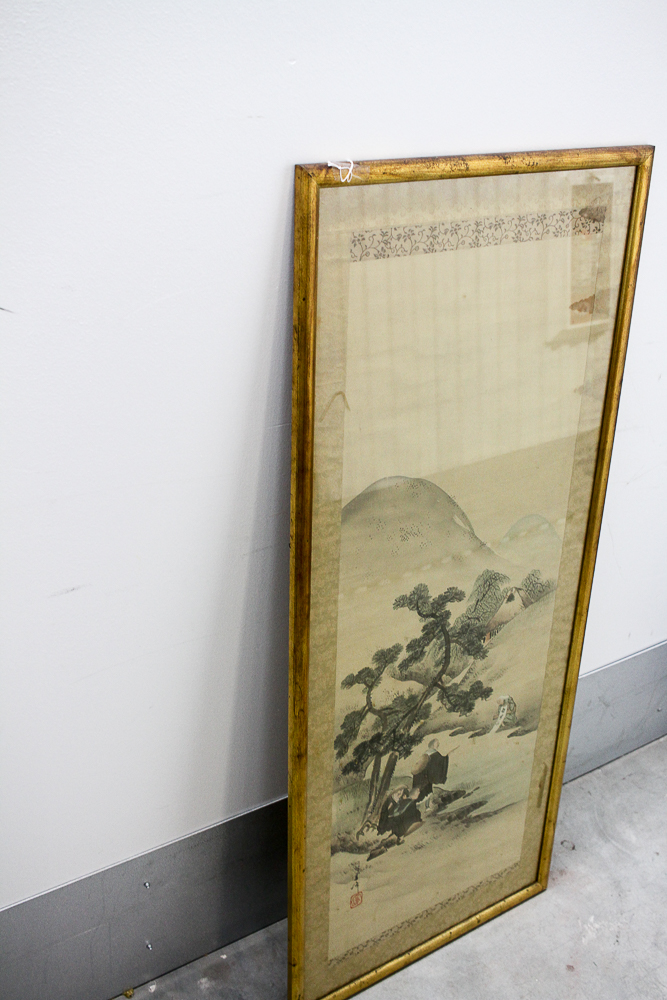 East Asian Painted Hanging Scroll With Figures Gathered by a River