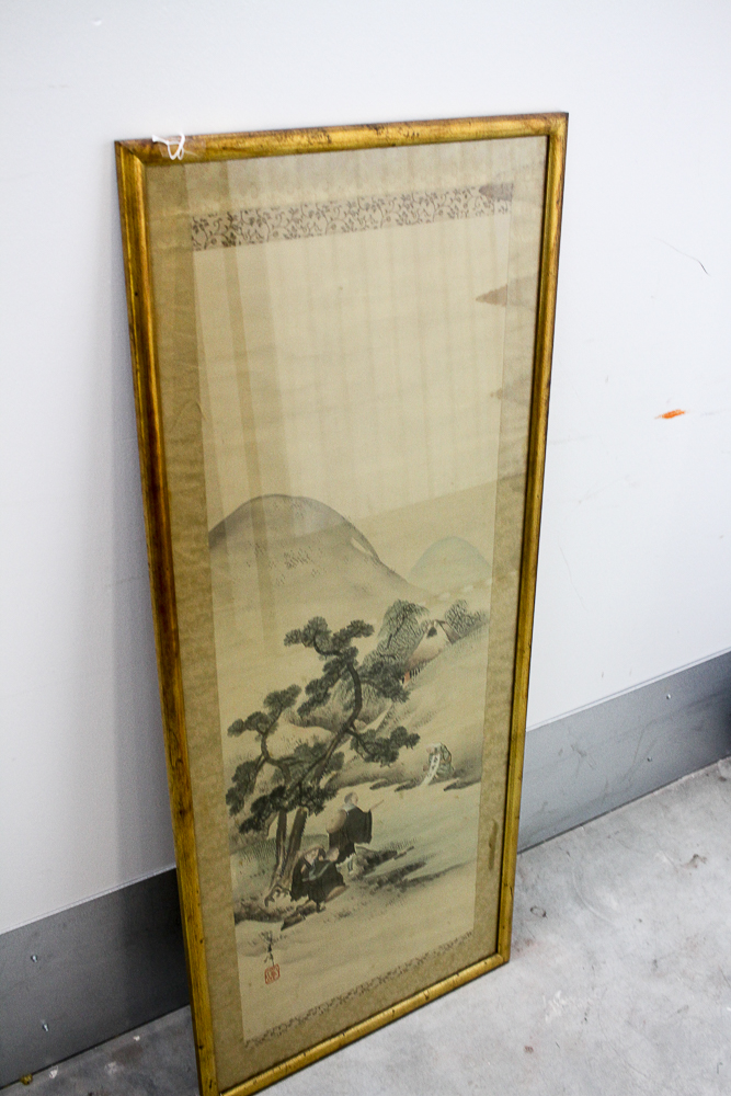 East Asian Painted Hanging Scroll With Figures Gathered by a River