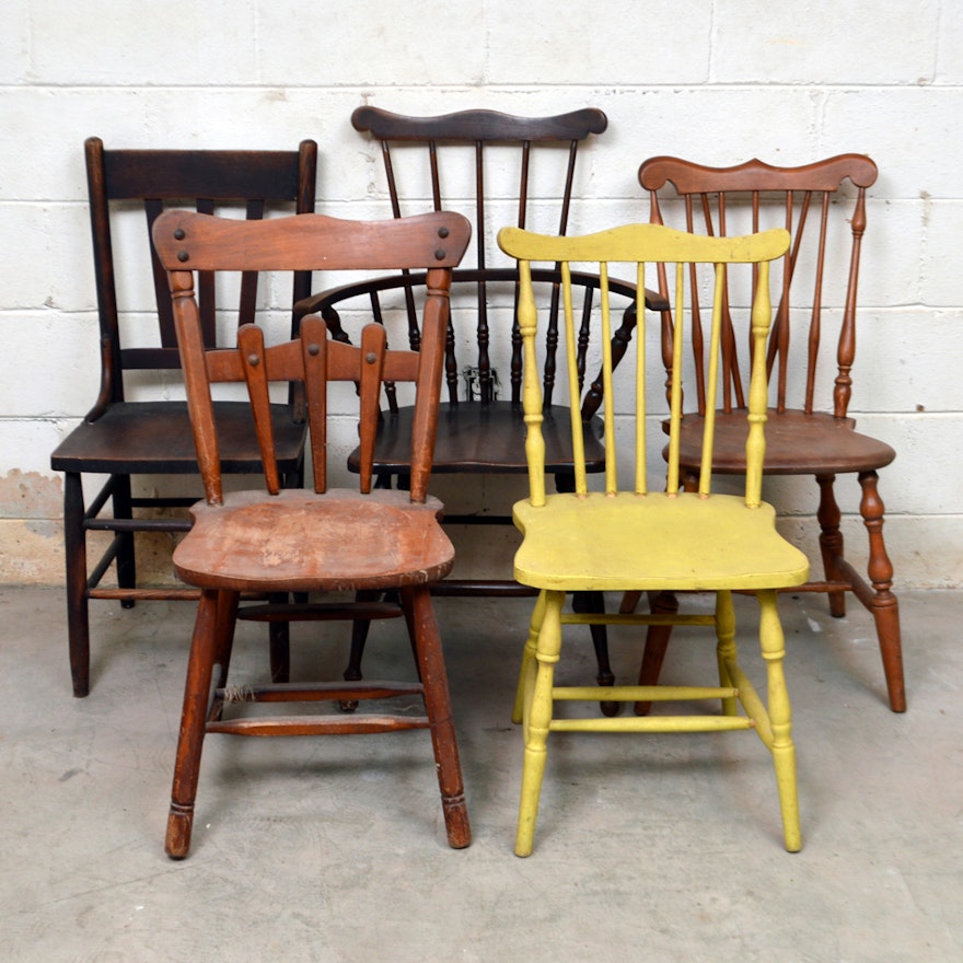 Grouping of Vintage Windsor Style Wooden Chairs