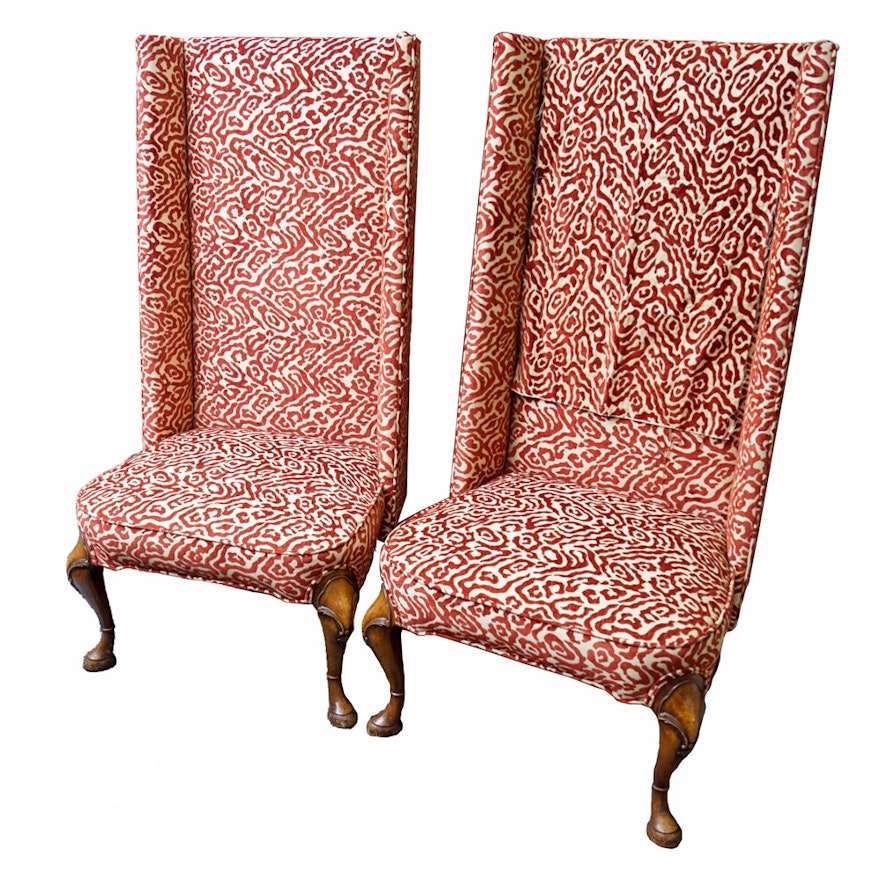 Pair of Matching Tall Wingback Upholstered Chairs