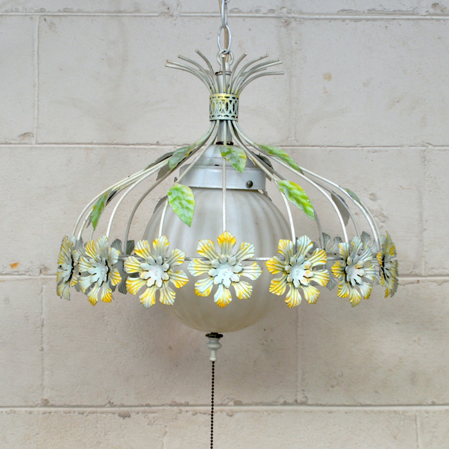 Vintage Metal Toleware Floral Hanging Lamp