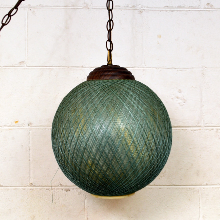 Mid-Century Round Hanging Light With Blue String Design