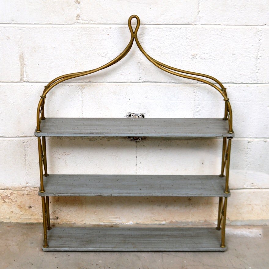 Vintage Three-Tier Metal and Wooden Wall Shelf