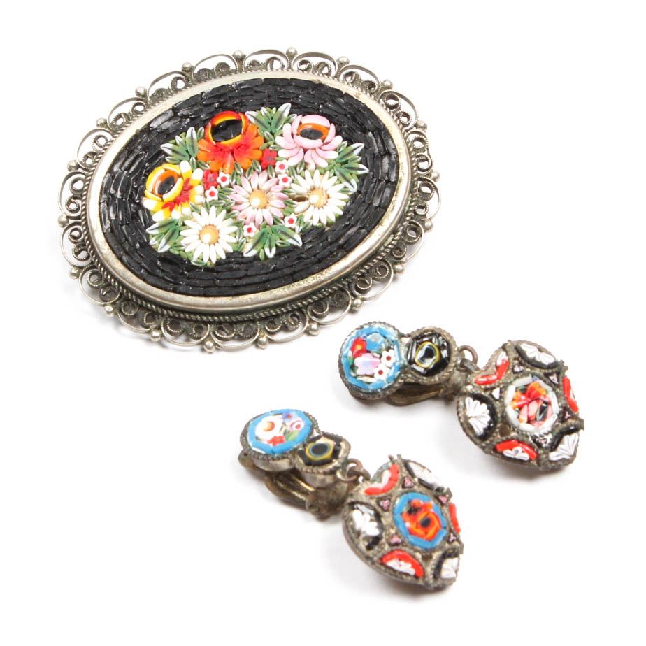 Italian Micro-Mosaic Brooch with Clip-On Earrings