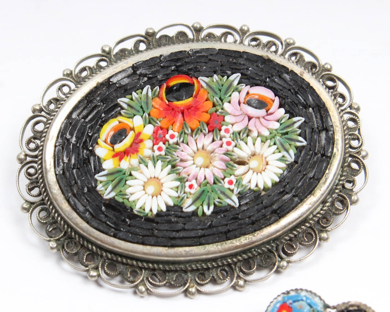 Italian Micro-Mosaic Brooch with Clip-On Earrings